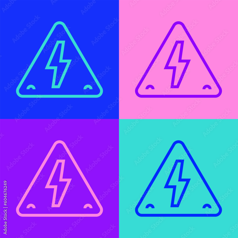 Poster pop art line high voltage sign icon isolated on color background. danger symbol. arrow in triangle. 