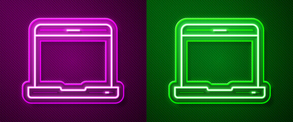 Glowing neon line Laptop icon isolated on purple and green background. Computer notebook with empty screen sign. Vector