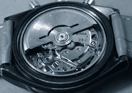 vintage chronograph watch mechanism close up pic