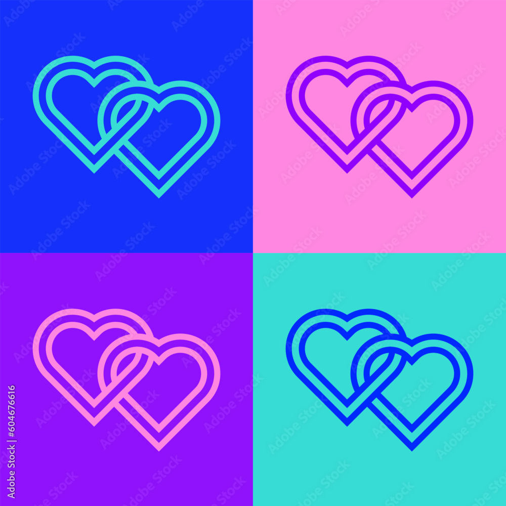 Poster pop art line two linked hearts icon isolated on color background. romantic symbol linked, join, pass