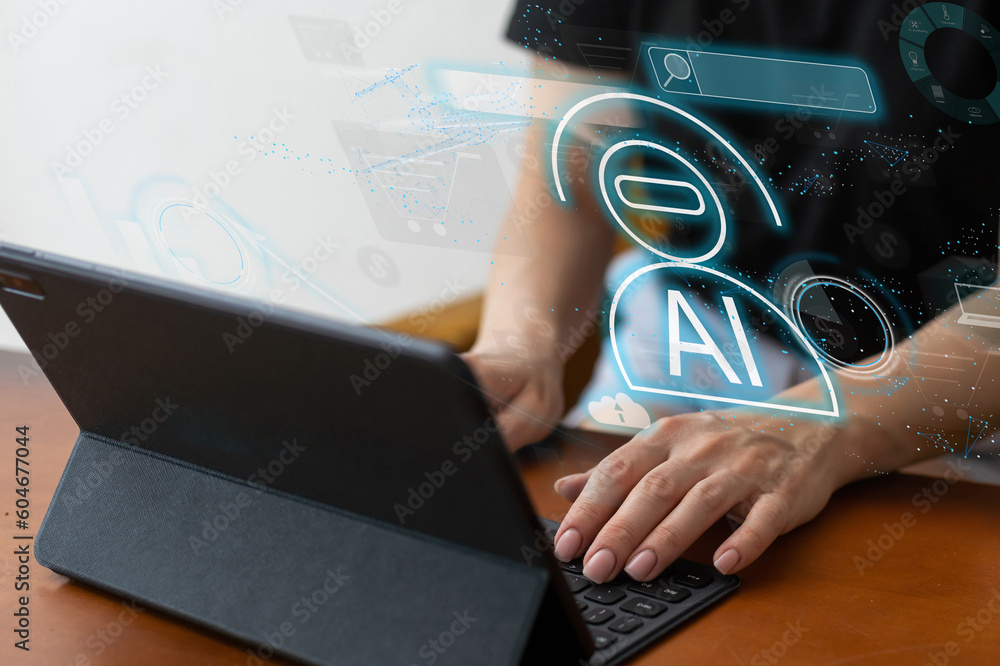 Poster woman using chatbot in computer and tablet smart intelligence ai. chat with ai artificial intelligen