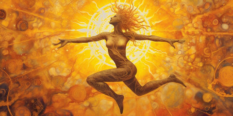 Beautiful flying yoga woman, swadhistana chakra awakening. Yoga of enlightenment. Chakra yoga concept. AI Generative - obrazy, fototapety, plakaty