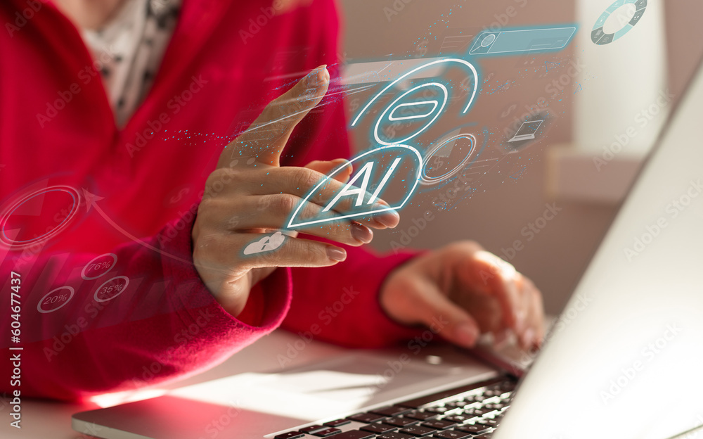 Poster woman using computer chatting with an intelligent artificial intelligence asks for the answers wants