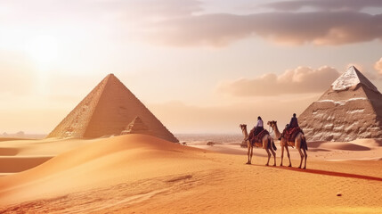 camellos y beduinos observando las  pirámides de Egipto, sobre fondo de desierto y cielo nublado al atardecer, concepto vacaciones - obrazy, fototapety, plakaty