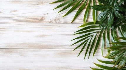 fondo claro de madera con hojas de palma, concepto de vacaciones, ilustracion ia generativa