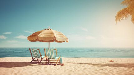 fondo de playa vintage con sombrilla y sillas frente al mar, concepto de vacaciones. ilustracion ia generativa - obrazy, fototapety, plakaty