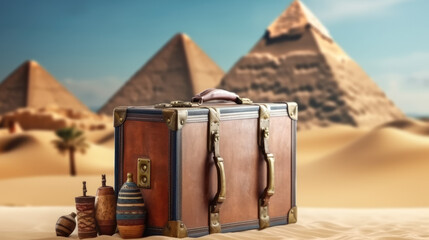 concepto de vacaciones y viajes, maleta sobre fondo de piramides. .ilustración de ia generativa - obrazy, fototapety, plakaty