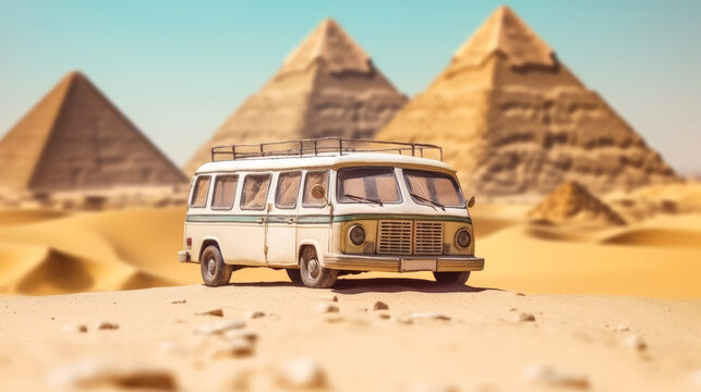 furgoneta  estacionada en el desierto sobre fondo de las tres pirámides de Giza en Egipto, en día soleado