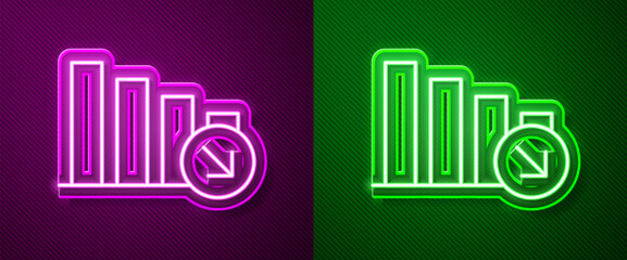 Glowing neon line Financial growth decrease icon isolated on purple and green background. Increasing revenue. Vector