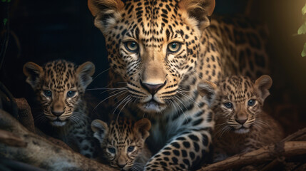 Fototapeta na wymiar close up of a leopard with her cubs