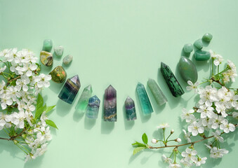 Crystal towers minerals set and white flowers on green abstract background. gemstones for Healing Crystal Ritual, Esoteric spiritual practice. wiccan magic, witchcraft. flat lay. copy space - obrazy, fototapety, plakaty
