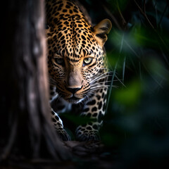 Fototapeta na wymiar close up of leopard stalking in the night