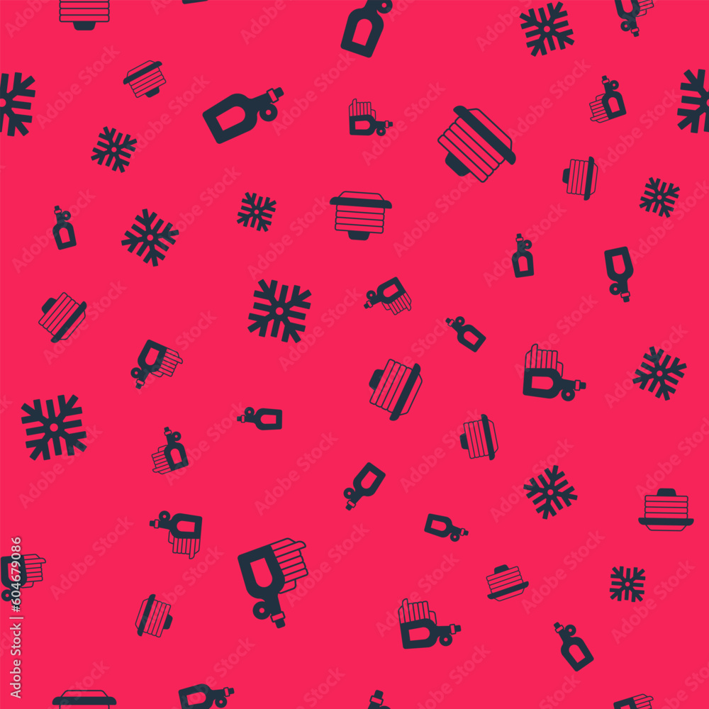 Poster set syrup with pancakes, bottle of maple syrup, snowflake and stack on seamless pattern. vector