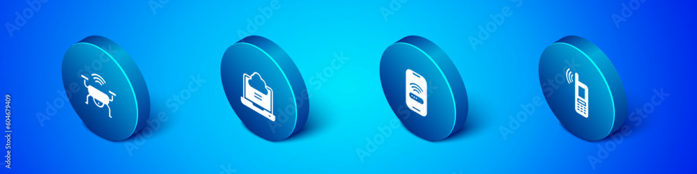 Aufkleber set isometric smart drone system, mobile with wi-fi wireless, and network cloud connection icon. vec