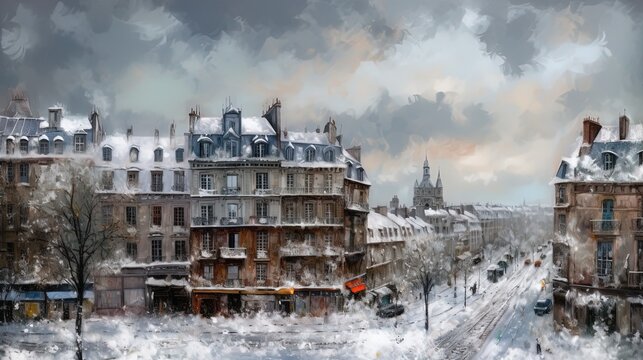watercolor illustration of urban cityscape in winter season, snow fall cover town, Generative Ai