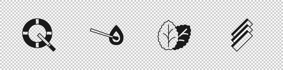 Set Ashtray with cigarette, Burning match fire, Tobacco leaf and Cigarette rolling papers icon. Vector