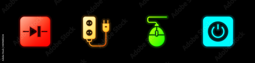 Aufkleber set diode in electronic circuit, electric extension, computer mouse and power button icon. vector