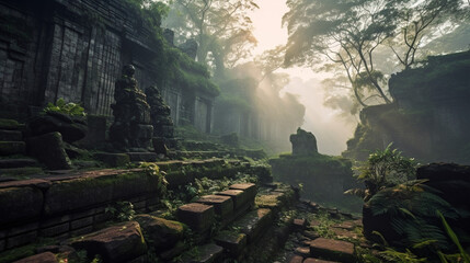 An ancient, weathered stone temple nestled amidst lush tropical forest