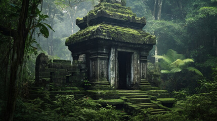 An ancient, weathered stone temple nestled amidst lush tropical forest