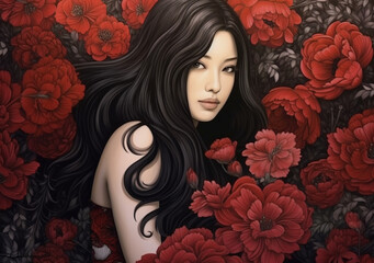 Very beautiful japanese woman, in her 20s, long black hair, smiling, zentangle pattern of biack and red flowers