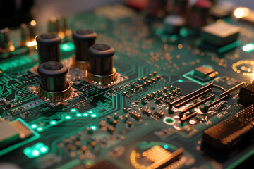 Fototapeta na wymiar closeup of a complex computer circuit board made with Generative AI