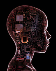 computer circuit board making up the silhouette of a human head made with Generative AI