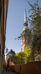 Fototapeta na wymiar The church Tyska kyrkan (German church) in Stockholm Sweden on bright spring day