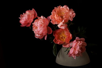 Beautiful background with bouquet of coral pink peonies  in a vase