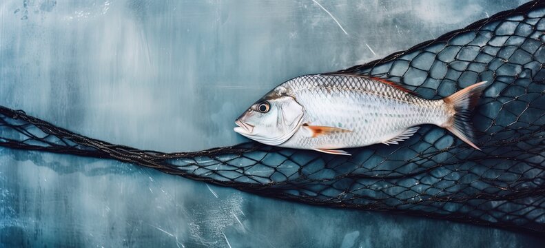 fresh fish with net on wooden plank board with copy space, idea for world marine food, Generative Ai