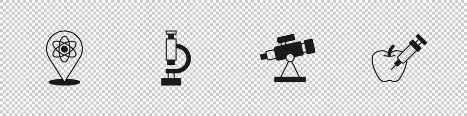 Set Atom, Microscope, Telescope and Genetically modified apple icon. Vector