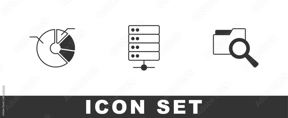 Poster set pie chart infographic, server and search with folder icon. vector