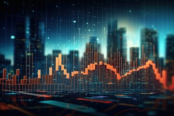 Fototapeta premium Perspective view of stock market growth, business investing and data concept with digital financial chart graphs, diagrams and indicators