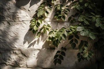 Concrete wall in beautiful foliage dappled sunlight of tropical leafs