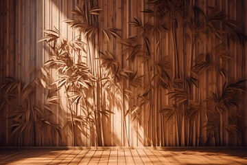 Bamboo tree leaf shadow on brown wooden panel wall