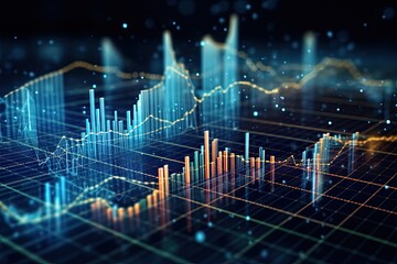 Perspective view of stock market growth, business investing and data concept with digital financial chart graphs, diagrams and indicators - obrazy, fototapety, plakaty