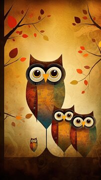 illustration of cute owl family on tree branch, Generative Ai