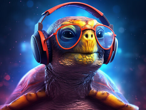 Music dj turtle with sunglasses and headphones - Colorful neon background - Generative AI