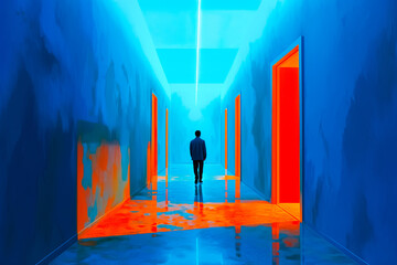 A man walking down a blue corridor