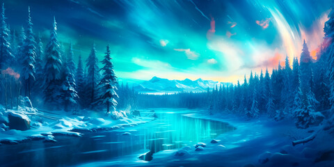 A magical winter wonderland, with snow-covered trees, glittering icicles and a sky decorated with the northern lights