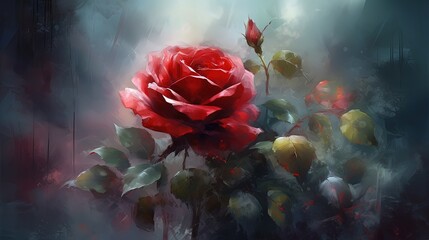 Naklejka na ściany i meble illustration of red rose in night garden, idea for home wall decor artwork picture, Generative Ai