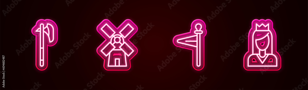 Wall mural set line medieval axe, windmill, flag and princess. glowing neon icon. vector