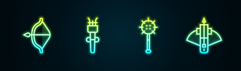 Set line Medieval bow and arrow, Torch flame, chained mace ball and Battle crossbow with. Glowing neon icon. Vector