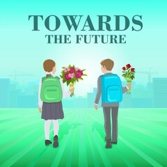 First-graders go to school with backpacks and flowers on September 1 in the field, away from the city under construction and the light from the sun. Towards the future. Concept.Vector illustration.