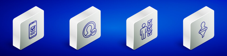 Set Isometric line Smartphone, Create account screen, User of man in business suit and Head hunting icon. Vector