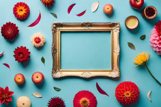 Top view of a frame made of colorful dahlia petals on a pastel blue background with copy space, arranged flat lay 