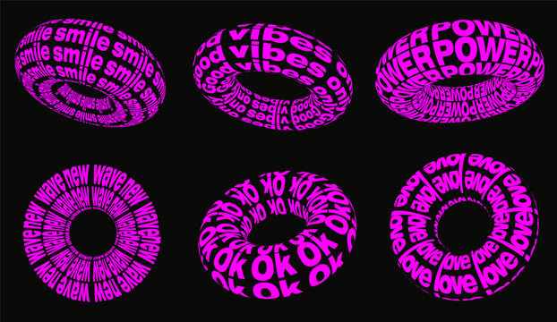Trendy geometric shapes, donuts with text. 2000s style elements for posters, stickers, web, clothes, etc.Elements of cyberpunk in a trendy psychedelic rave style. Y2k 00s retro futuristic aesthetic