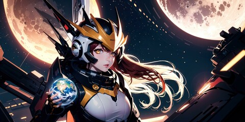 Female pilot in space suit with helmet and visor looking back at the Earth (with moon) - obrazy, fototapety, plakaty