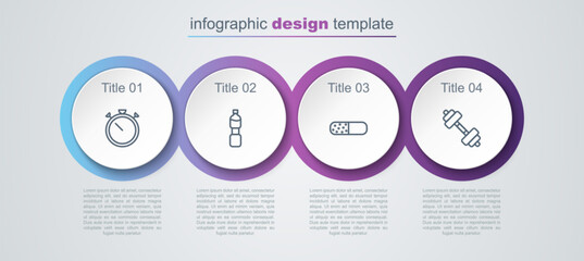 Set line Stopwatch, Bottle of water, Vitamin pill and Dumbbell. Business infographic template. Vector