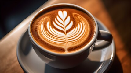 A white Cup filled with Coffee Latte Art. Blurred Background
