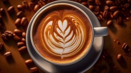 A white Cup filled with Coffee Latte Art. Blurred Background
